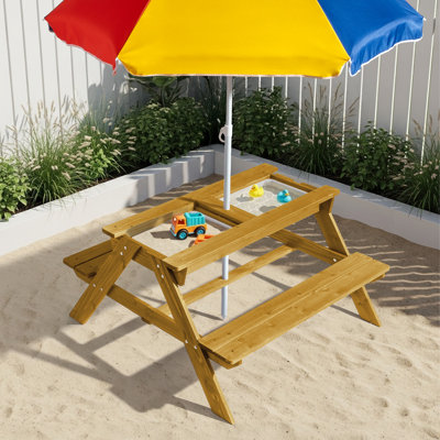 3-In-1 Kids Wood Rectangle Outdoor Picnic Table And Bench With Umbrella And Play Boxes by Ophelia & Co.