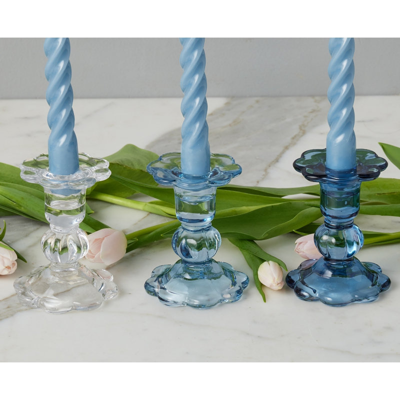 Glass Scalloped Candlesticks, Clear/Denim/Navy