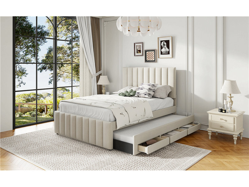 Lit plateforme tapissier avec couchette simple et 3 tiroirs Christiano, Beige