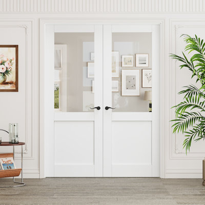 Interior Half-Lite Clear Glass Door, CARB P2 MDF & SGCC Tempered Glass French Doors, Matte Black Hardware-Privacy Door Lever with Lock, Latch & Hinges, Pre‑Finished & Waterproof, Pantry, Bedroom, Bathroom & Closet, Easy DIY Stain, 60"x 80"