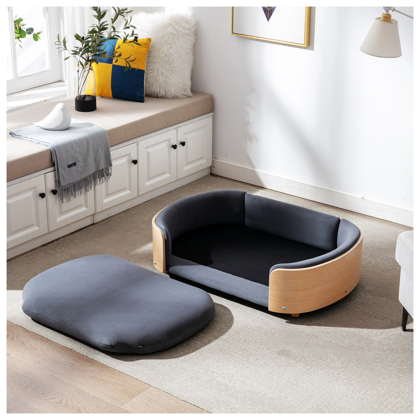 Inira Pet Bed, 26.38" W x 16.14" D x 9.84" H, Dark Gray/Natural
