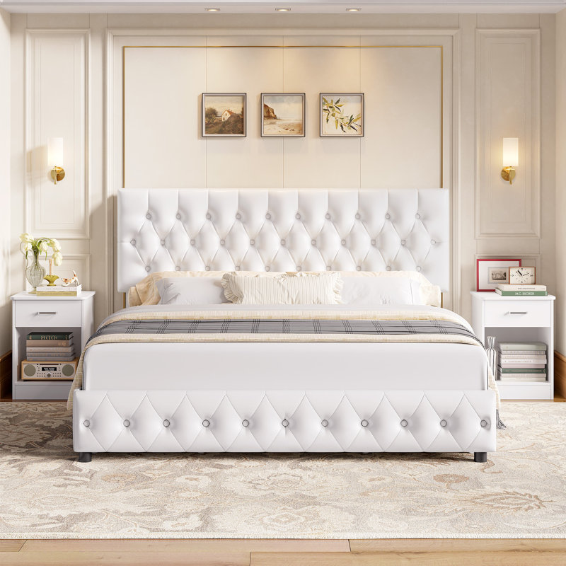 3-Piece Bedroom Set, PU Upholstered Bed with 4 Drawers + 2 Nightstands, Versatile Side Tables for Bedroom, Living Room, or Entryway