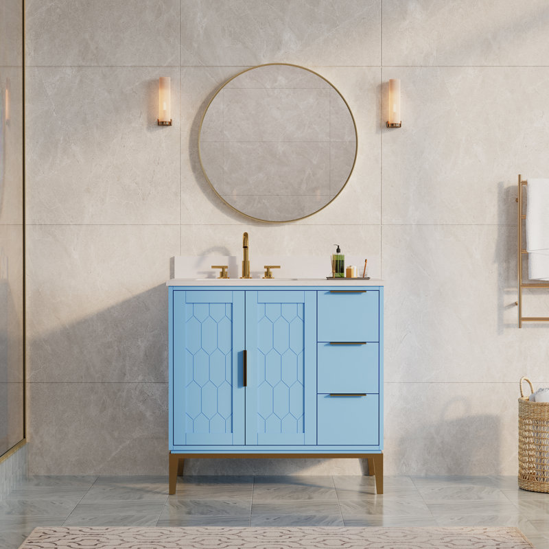 Modern Bathroom Wall Mounted Anodized Aluminum Framed Vanity Mirror, 28" x 28", Brushed Gold, Round