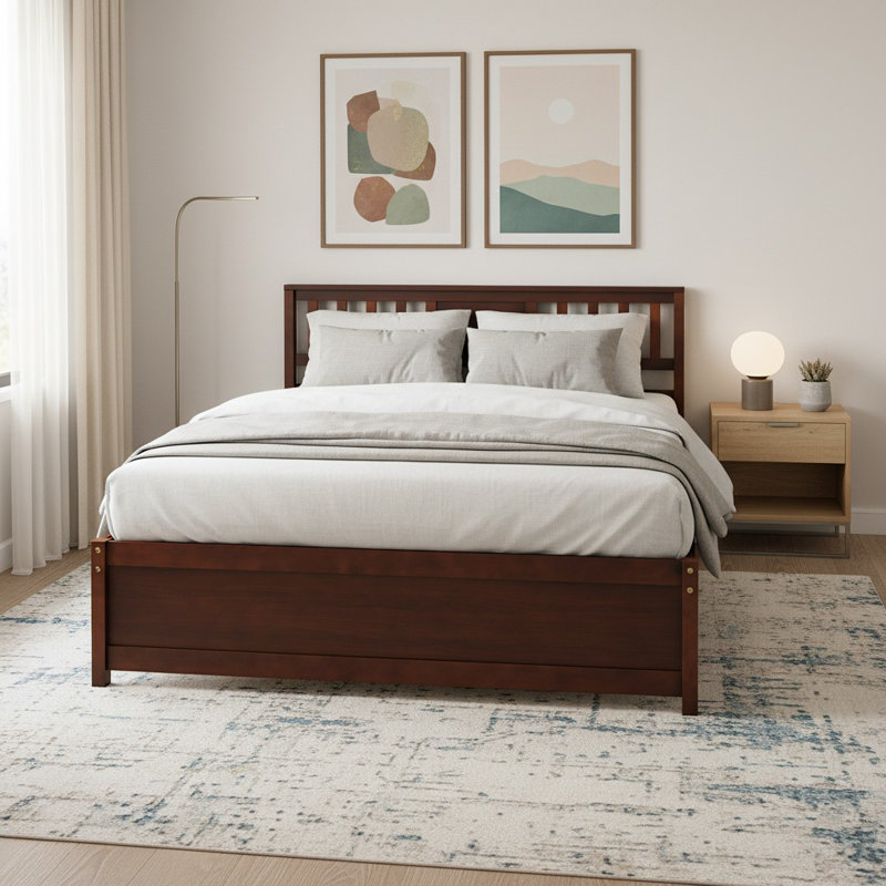 Queen Size Mid-Century Pine Solid Wood Platform Bed Frame with Headboard Slat Support, Walnut, Queen