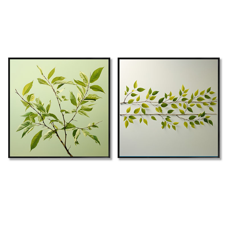 «Green Ferm Simple Collage» - ensemble de 2 feuilles carrées, Cadre flottant brun, H 36 po x l 73 po