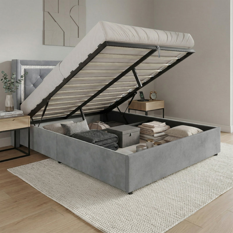 PLATE-FORME À RANGEMENT PLEIN GRAND LIT DE RANGEMENT EN VELOURS GRIS CLAIR, Lit double, Gris clair