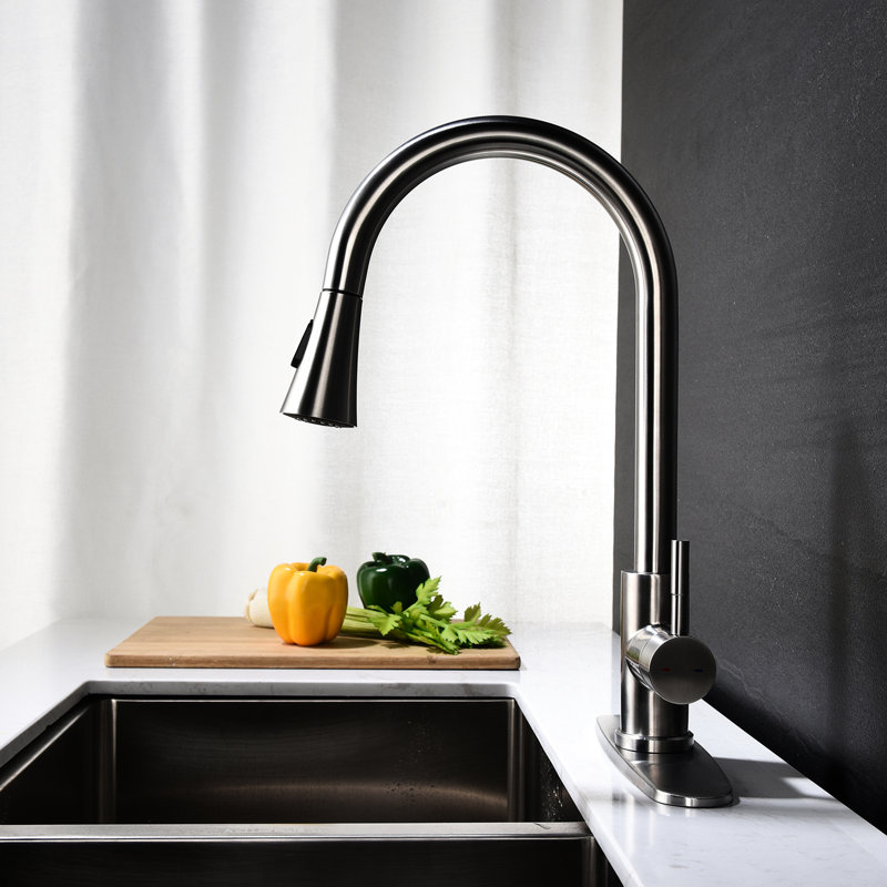 Robinet de cuisine avec douchette rétractable, acier inoxydable au fini nickel brossé, buse rotative à 360 ° pour un accès facile à l'eau, option de contrôle de la poignée à un robinet, décoré, composé, buse, débit
