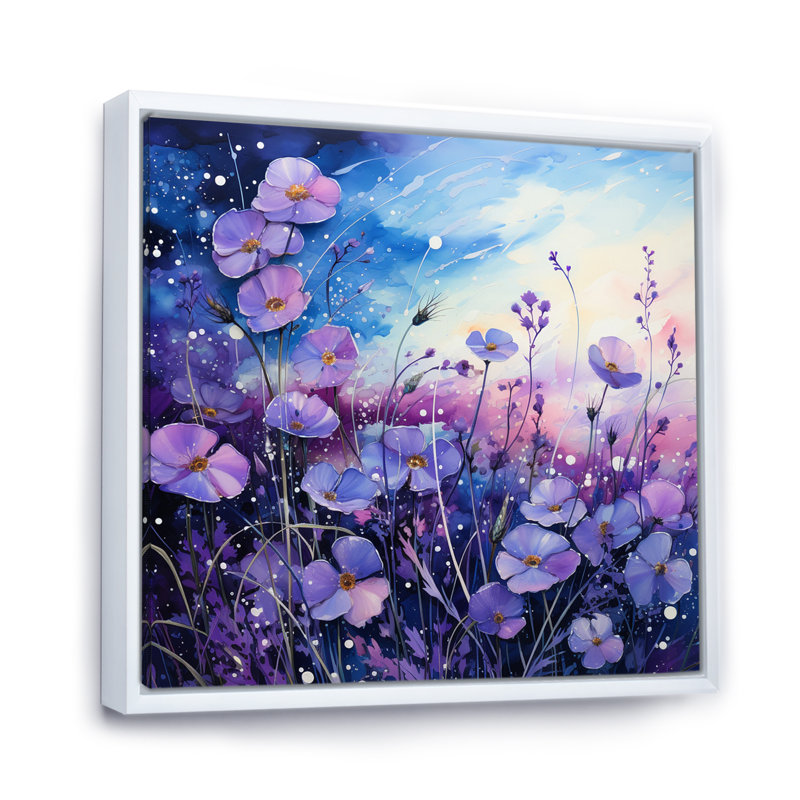 «Violets Field Pointillism Dot III», reproduction sur toile, Cadre flottant blanc, H 16 po x l 16 po x P 1 po