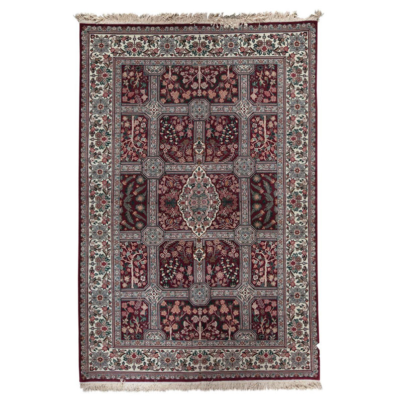 Tapis en laine noué à la main de conception unique 6 pi x 9 pi ivoire / vert / rouge