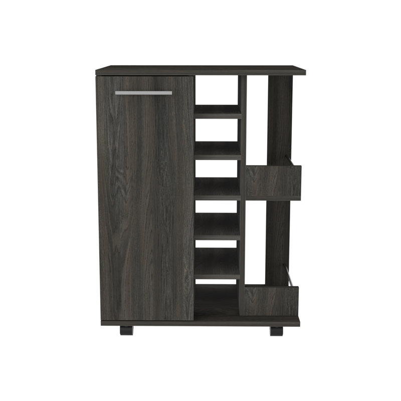 Chariot-bar Wells avec armoire fermée et tablettes ouvertes, finition espresso sur panneau de particules