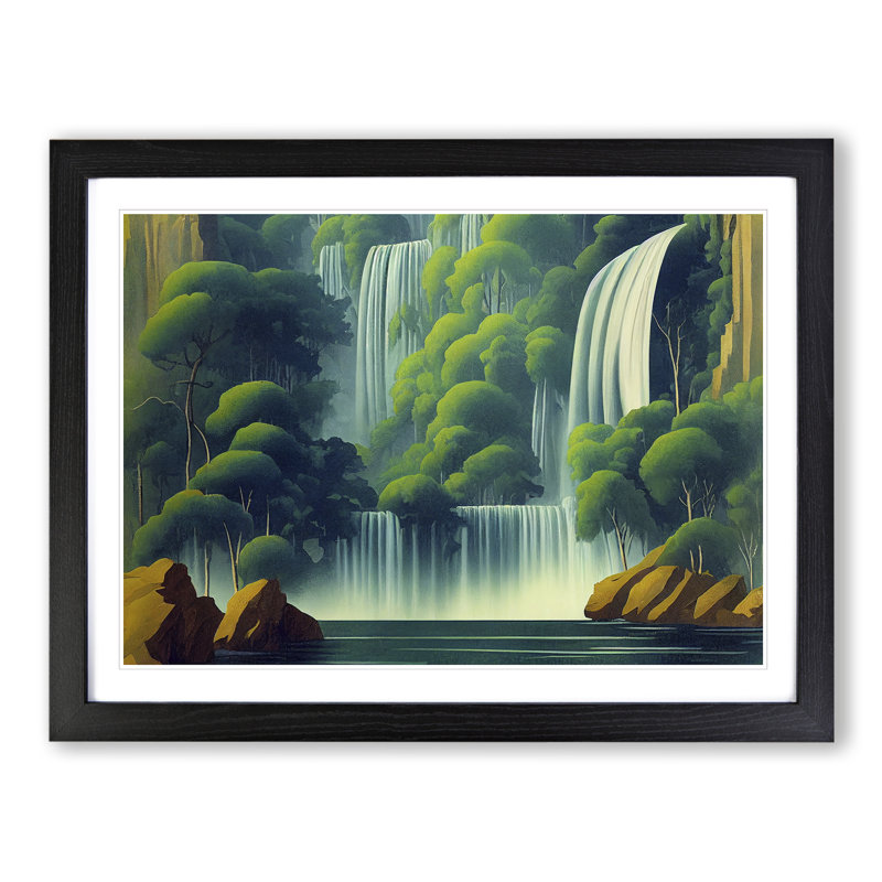 Placid Waterfall - Single Picture Frame Print, Black Framed, 46cm H x 64cm W x 2cm D