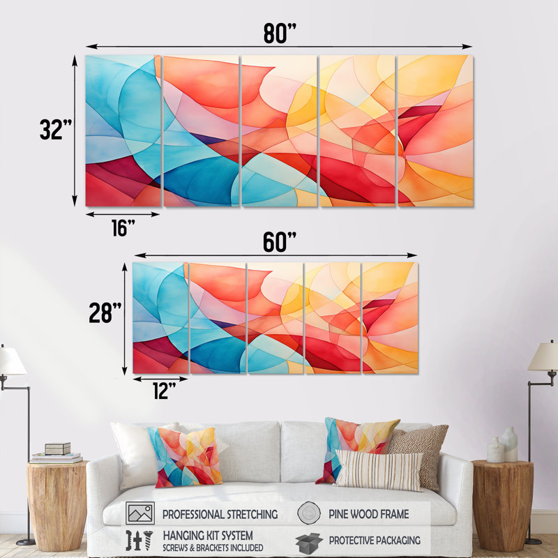 Mid-Century Pastel Color Collages II - Ensemble abstrait d'art géométrique mural 5 pièces, H 28 po x l 60 po