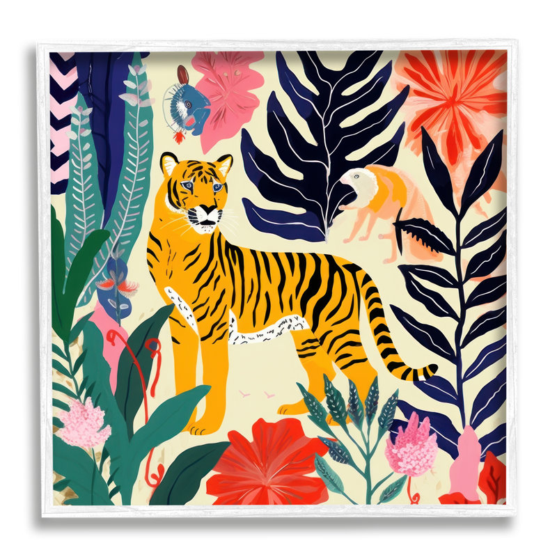 Tigre et créatures abstraites, reproduction d'art sur toile, H 17 po x l 17 po, Giclée encadrée blanc bord de mer