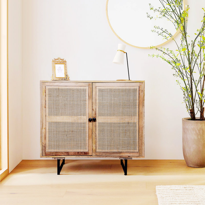 Noland 35 Inch  Brown Accent Cabinet with 2 Rattan Doors, Black Iron Legs