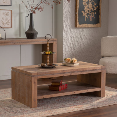 Table basse rustique à 2 niveaux en bois massif avec tablette de rangement pour le salon et le bureau, assemblage rapide et facile à nettoyer