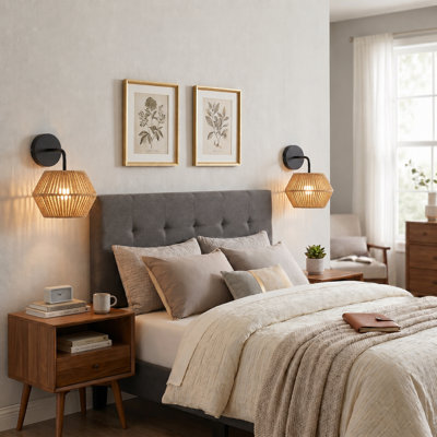 [Paquet de 2] Applique murale à pile avec abat-jour en rotin, lumières murales RVB sans fil avec télécommande, ampoule rechargeable de type C, applique Boho à intensité variable pour le salon de la chambre à coucher, sans câblage, noir