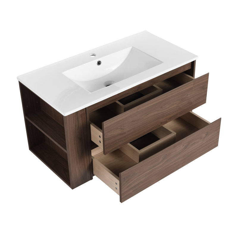 Meuble-lavabo de 36 po avec lavabo en céramique et tiroir à fermeture en douceur - Design tendance en contreplaqué de chêne brun