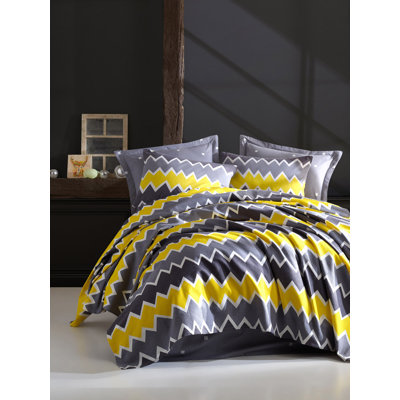 Ensemble de housse de couette 100% coton jaune / noir / gris 3 pièces