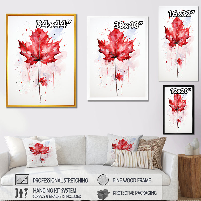 «Red Maple Leaf Beauty I» - Art mural érable, Cadre simple argenté, H 32 po x l 16 po x P 1 po