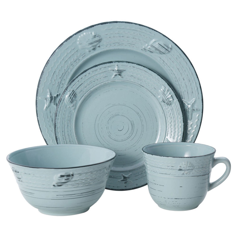 Teal Coastal Ceramic 16-Piece Dinnerware Set with Variegated Glaze