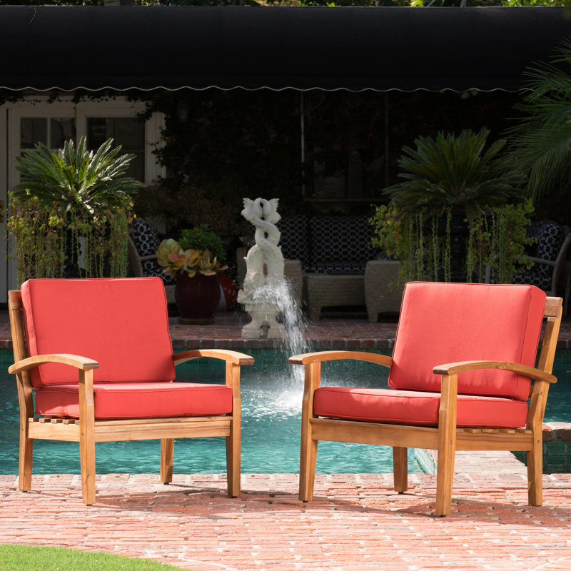 Fauteuils club en bois avec assise profonde et coussins épais, couleurs variées, parfaits pour le jardin, 71 cm x 82 cm de large, 77 cm de hauteur, assemblage requis.