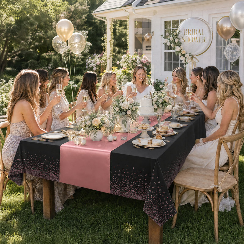 Ensemble de 16 pièces comprenant une nappe et un chemin de table en satin, 54 x 108 pouces et 12 x 108 pouces, jetables, noir et rose, pour décoration de fête et de mariage.