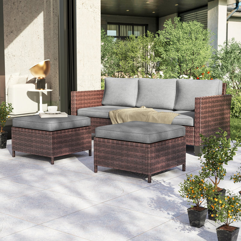 Balcom 3 - Person Patio Conversation Set with Cushions, Brown, Linen Gray