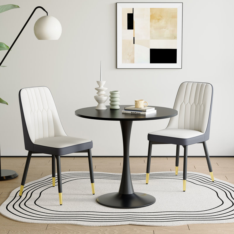Ensemble de salle à manger rond moderne 3 pièces, table à piédestal noir et chaises capitonnées, Gris / Blanc