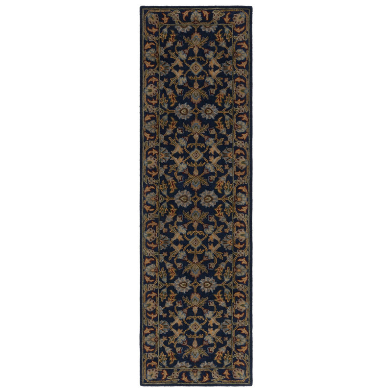 Tapis oriental bleu marine en laine touffeté à la main Ferrera, Tapis de couloir 2 pi 3 po x 8 pi