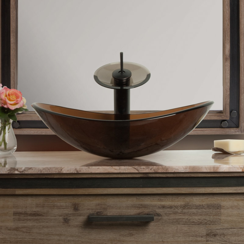 Novatto 13.5 " Glass Oval Bathroom Sink with Faucet, Clear Brown, Oil Rubbed Bronze