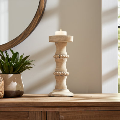 Artisanal Decorative Rustic Wood Tabletop Candle Holder for Living Room, Mantel, or Entryway Display