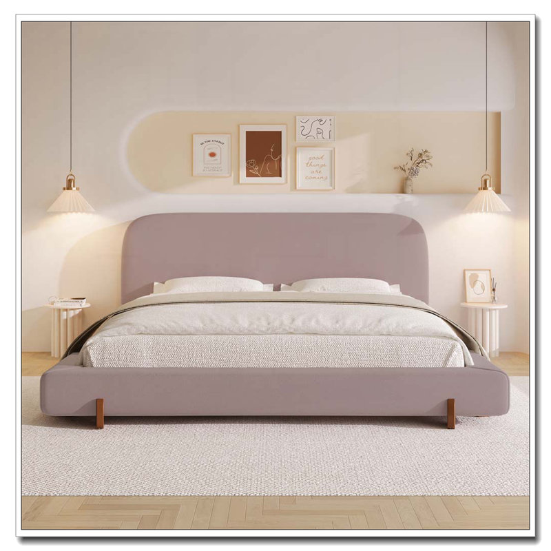 Solid Wood Legs Upholstered Bed Frame, King, Pink