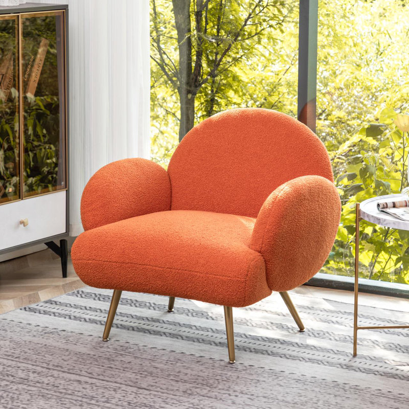 Oziah Sherpa Upholstered Armchair, Modern Accent Chair with Metal Legs, Gold, Orange Velvet