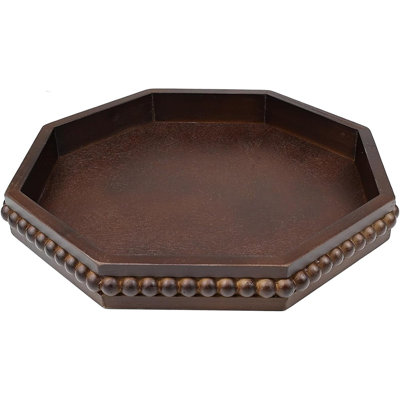 Retro Brown Octagonal Wood Decorative Tray, Small Farmhouse Wooden Serving Tray With Beads, Versatile Coffee Table Tray For Kitchen Counter, Ottoman, Living Room