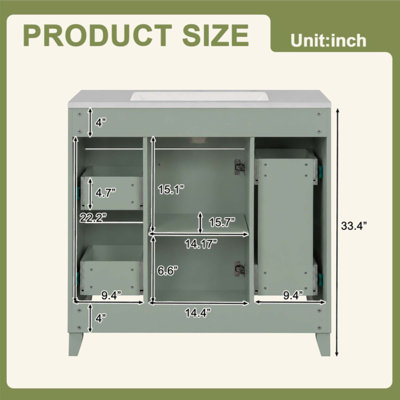 Meuble-lavabo de salle de bain avec lavabo en céramique, structure en bois massif, portes à fermeture en douceur, tablettes réglables, 3 tiroirs, y compris un tiroir à double profondeur pour le rangement du sèche-cheveux