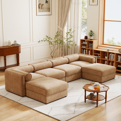 Canapé modulaire modulaire avec rangement, très grand canapé modulaire en forme de U pour le salon, canapé convertible modulaire avec repose-pieds de rangement, siège profond, dossier cylindrique et accoudoirs, brun clair