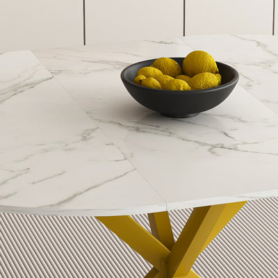 Modern Round Dining Table with Extendable Blades, Carbon Steel X-Base, 4-6 People Capacity