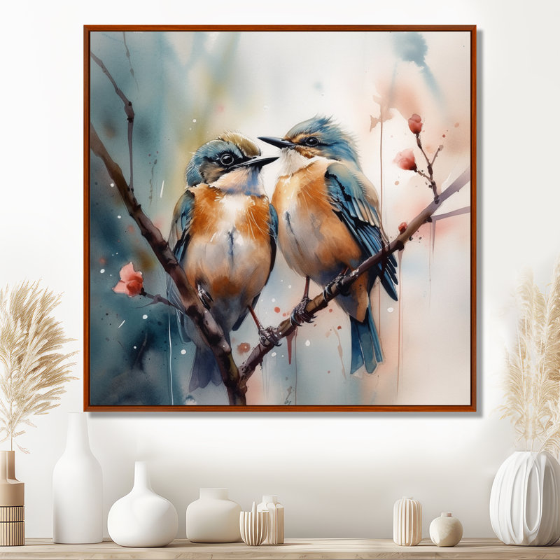Oiseaux bleus assis sur une branche d'arbre III - Art mural floral, H 16 po x l 16 po, Cadre flottant brun