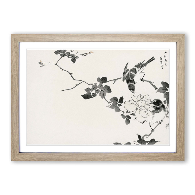 Robin Birds & White Lotus by Numata Kashu - Picture Frame Painting Print, 35cm H x 50cm W x 2cm D, Oak