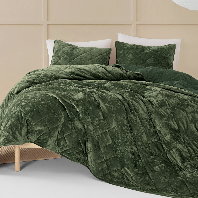 Wonderful Velvet & Flannel Quilt Set, Diamond Quilting Lightweight Comforter with Pillow Shams, Holiday Gift, Avocado Green