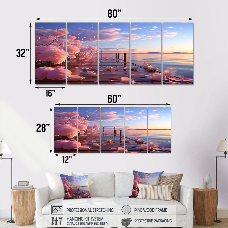 Gloomy Sunset By The Lake I - Coastal Pier, art mural 5 pièces, H 28 po x l 60 po