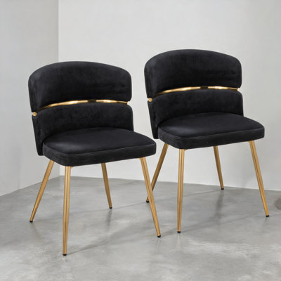 Side Chairs in Classic Black Velvet with Gold Metal Frame, Set of 2 for Dining Room