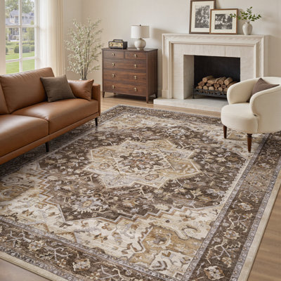 Machine Washable Brown Floral Area Rug