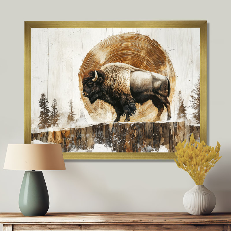 Buffle américain dans les Prairies - art mural de bison pour le salon, H 34 po x l 44 po, Cadre flottant, Doré