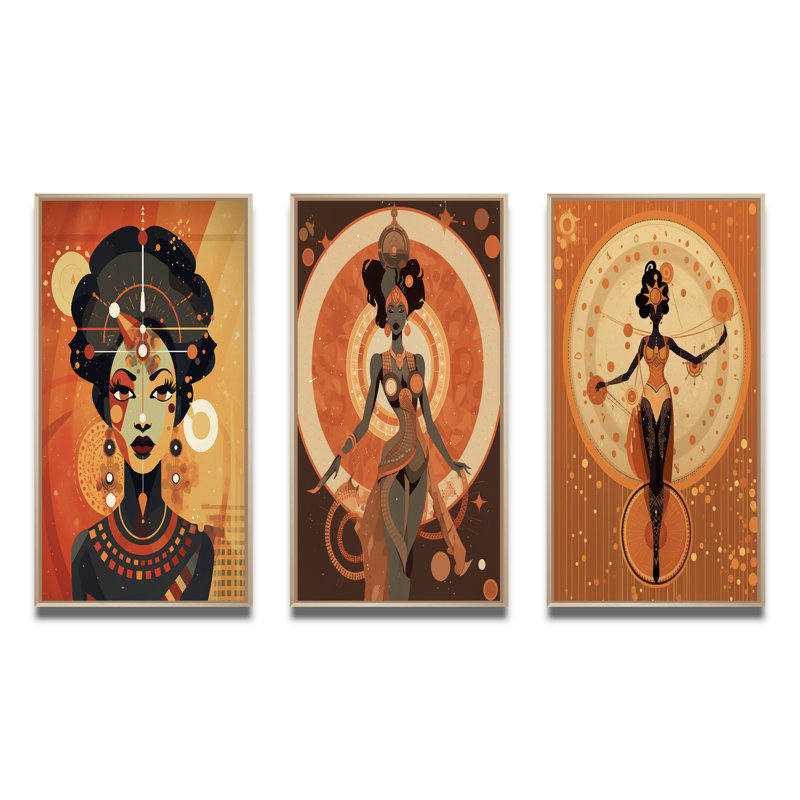 Déesse africaine graphique dans les tons de terre VI - ensemble de 3 impressions, Cadre naturel flottant, H 36 po x l 20 po