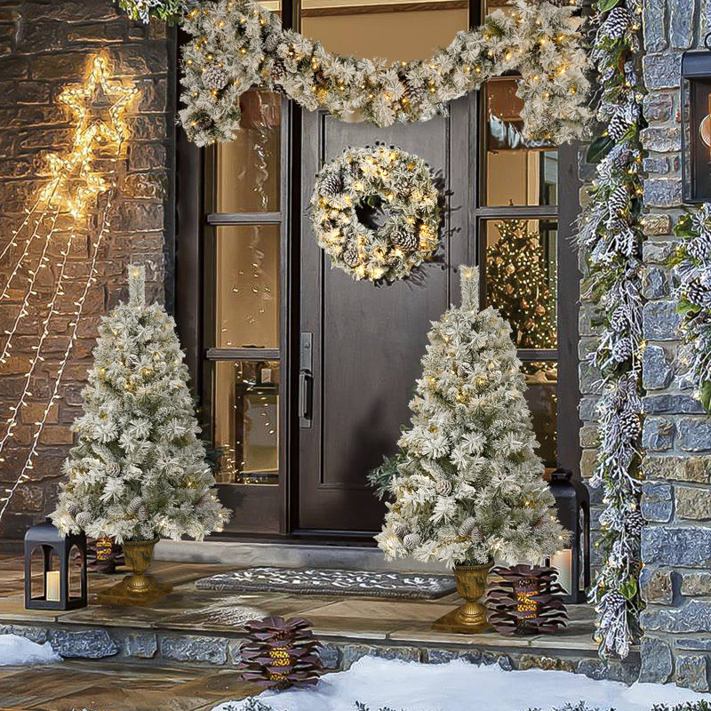 Ensemble de 4 pièces d'arbre de Noël artificiel avec guirlande, couronne et 2 arbres d'entrée Roomfitter, vert