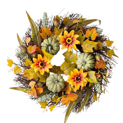 Couronnes d'automne pour la porte d'entrée à l'extérieur, couronne d'automne de 17,7 pouces avec tournesols, citrouilles vertes et feuilles d'érable, couronne de porte d'entrée artificielle, décoration de l'Action de grâce de style campagnard