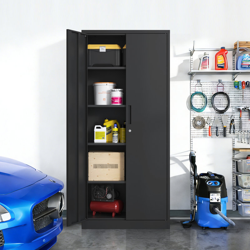 Armoire de rangement verrouillable en métal noir avec 4 tablettes, d'une hauteur de 72,88 pouces, parfaite pour le garage et la salle de classe. Finition verrouillable de 71 pouces, bureau approprié, garde-manger