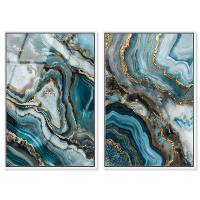 Oceanic Geode Duet Framed Acrylic Print Boho Gold Wall Art Set by Art Remedy, White Frame, 20 x 30