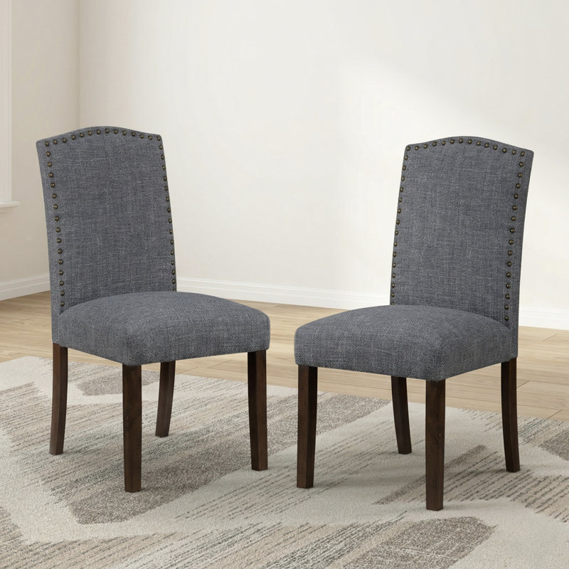 Chaise de salle à manger rembourrée Parsons avec garniture cloutée et pieds en bois brossé, Gris foncé